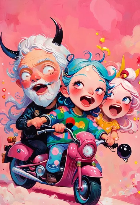 Jon Burgerman,Happy laughing old couple riding motorcycle, with horns on their heads, pink background, pink background,Zhang Jingna,in the style of aggressive digital illustration, bold and colorful portraits, lit kid, Picasso,Hikari Shimoda。