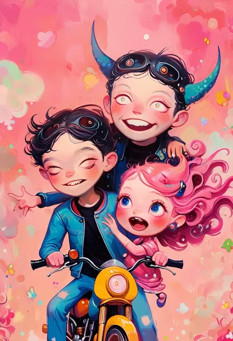 jon burgerman,happy laughing old couple riding motorcycle, with horns on their heads, pink background, pink background,zhang jin...