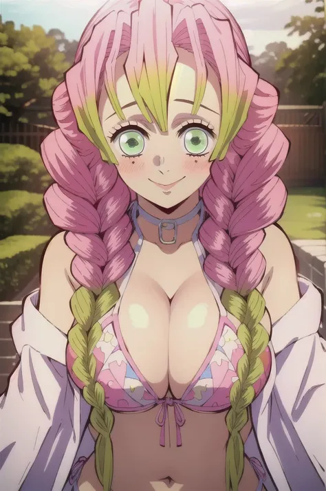 (masterpiece, best quality),  intricate details,
MitsuriKanroji,  kanroji mitsuri, 1girl, solo, long hair, winking, green eyes, pink hair, braid, green hair, twin braids, smile, cute smile, blushed smile, blush, blushing, large breast, huge breasts, bikini...