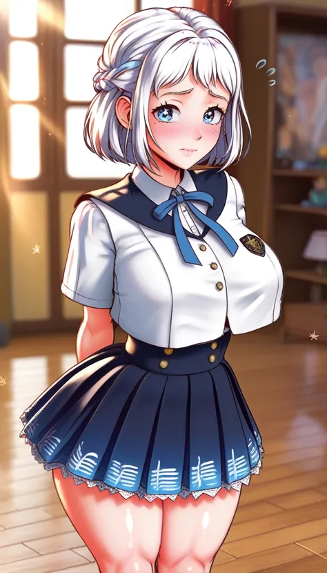 16k,8k,4K, lilja-default , katsuragi lilja,blue eyes,white hair,short hair,braid,,sailor collar,neck ribbon, white shirt,layered skirt,high-waist skirt,blush,embarrassing,big breast,thick thighs,shiny skin 16k, 8k, 4k, best quality, extremely detailed fine...