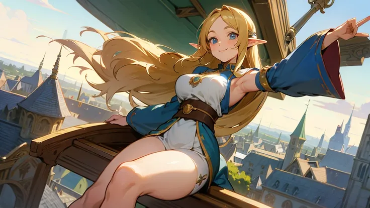 Anime Style,Nostalgic,Detailed background,The medieval world,A busy flying ship with lots of people,Smiling bard beautiful elf girl,Large Breasts,Healthy thighs,Underarm