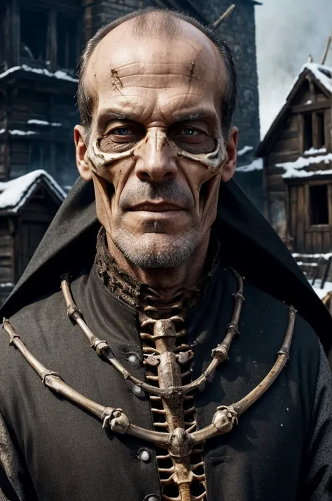 tall thin 50 year old man evil villain, half of the face is decomposed and very rotten showing the larvae, showing some of the bones, Wearing medieval clothes, Snow Background, and realistic burning houses
