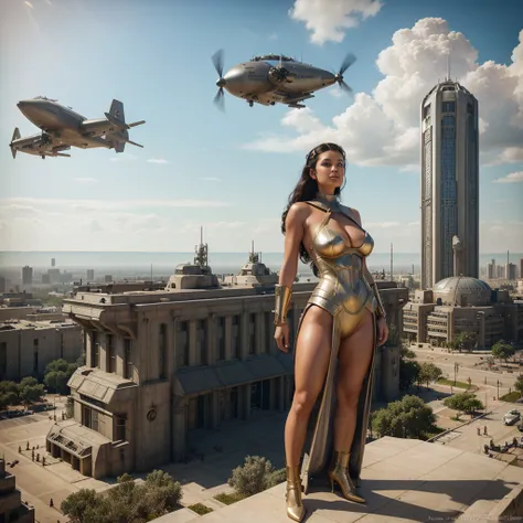 there is a naked woman in a futuristic dress standing in front of a bunch of city, large dieselpunk flying airships, dribbble, inspired by Gil Elvgren, fantasy paladin woman, inspired by Mark Brooks, [ bubbles, portrait of helen of troy, sci - fi : :, gold...