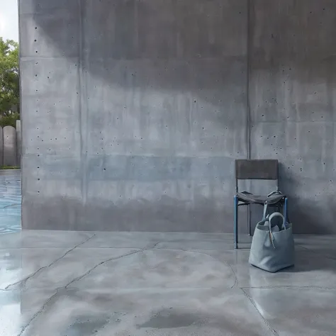 (((((Blue stone wall)))))、(((((Grey concrete floor)))))、(((((Bag on chair)))))、(((((The bag is facing straight ahead)))))、(((((Photogenic quality)))))、(((Wide angle of view)))