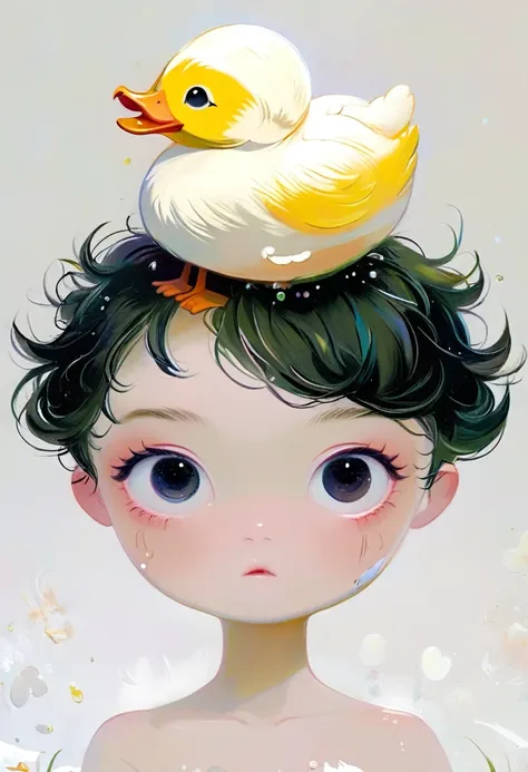 a cute, chubby, fluffy （little duck） poked her head out of an eggshell,3d characters, white background,chibi style,a bit fluffy,...