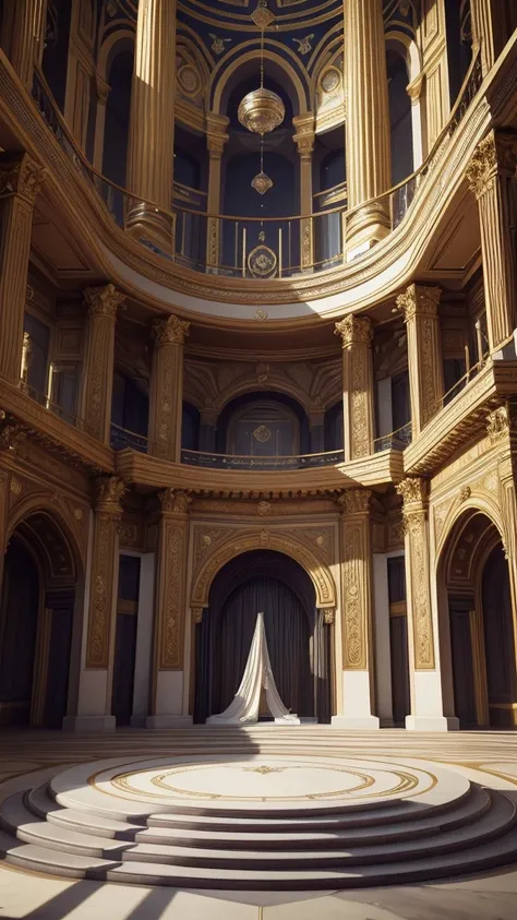 there is a large room with a staircase and a circular staircase, futuristic persian palace, cgsociety unreal engine, exquisitely designed throne room, unreal engine render, unreal engine 5 : :, futuristic palace, rendered in lumion, unreal engine hd render...