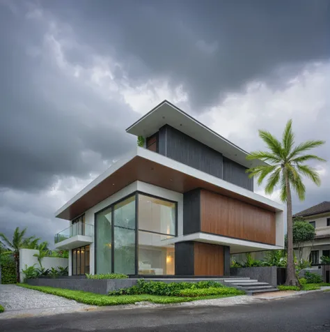 modern villa on street, (overcast lighting:1.2), tropical tree, vivid color, streetcapes, nice sky, grey and wwhite tone, (large glass door:1.2), warm interior lighting, modern material, best quality, ultra realistic, masterpiece, 17ArchiAI_XL_VL-v1
