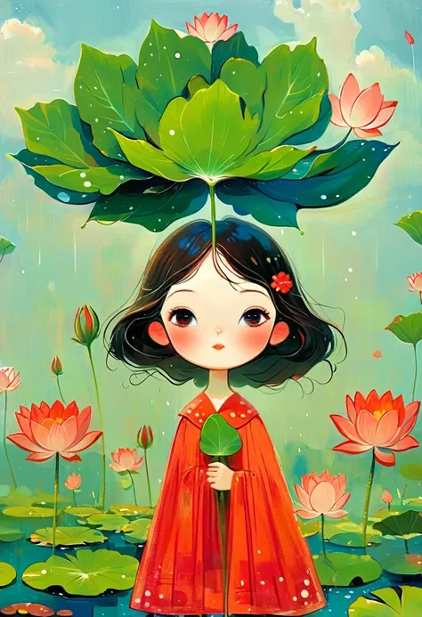 a little girl dressed in red was standing in a lotus pond, holding a large lotus leaf in her hand. it was raining in the sky, th...