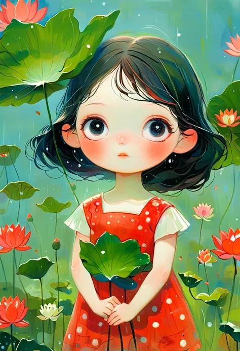 a little girl dressed in red was standing in a lotus pond, holding a large lotus leaf in her hand. it was raining in the sky, th...