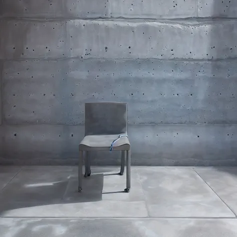 (((((Blue stone wall)))))、(((((Grey concrete floor)))))、(((((Bag on chair)))))、(((((The bag is facing straight ahead)))))、(((((Photogenic quality)))))、(((Wide angle of view)))