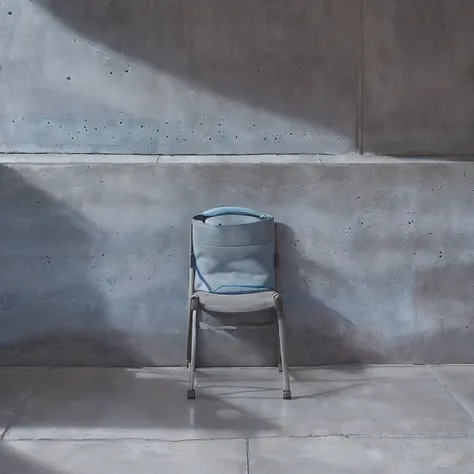 (((((Blue stone wall)))))、(((((Grey concrete floor)))))、(((((Bag on chair)))))、(((((The bag is facing straight ahead)))))、(((((Photogenic quality)))))、(((Wide angle of view)))