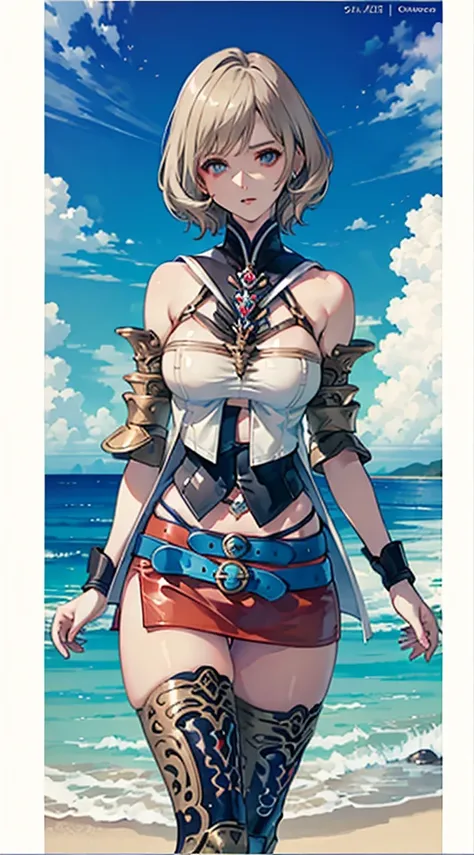 S-curve,s line,(cowboy  shot,masutepiece, of the highest quality, Best Quality, Official art, Beautiful and aesthetic:1.2), ighly detailed, Colorful,highest details,Illustrations,Everyday scenery, 1girl in, Solo, (large boob,Final Fantasy 12,Ashelia, short...