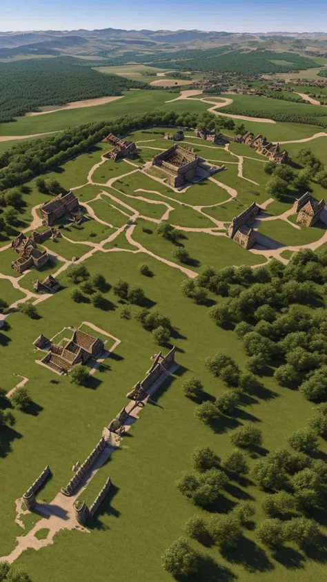 Create a medieval landscape of a kingdom seen by a warrior from a hilltop with a sword in each hand in realistic style 