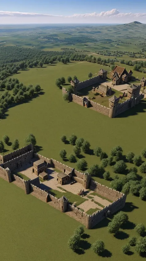 Create a medieval landscape of a kingdom seen by a warrior from a hilltop with a sword in each hand in realistic style 