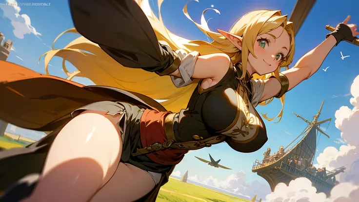 Anime Style,Nostalgic,Detailed background,The medieval world,A busy flying ship with lots of people,Smiling bard beautiful elf girl,Large Breasts,Healthy thighs,Underarm