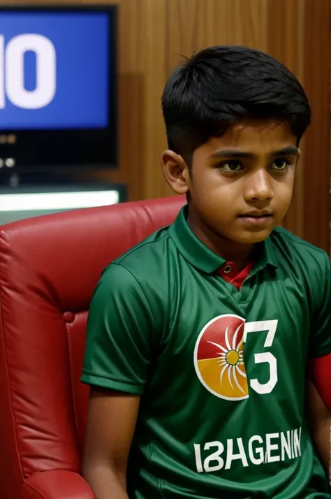 A boy watching Bangladesh vs india match on tv. He wearing a bangladeshi jersey with name "Saad & number is " 75