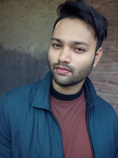 A beautiful young bearded man with highly detailed skin.black hair.happy emotion