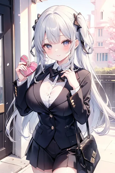 （Cute big sister: 1.3）、smile,spring atmosphere、Wearing a suit、((Valentines Day))、evening、silver, silver eyes, big breasts、Very detailed,chocolate 