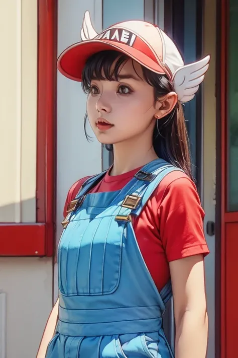 short sleeves, wing hat, wing cap, red shirt, blue overalls