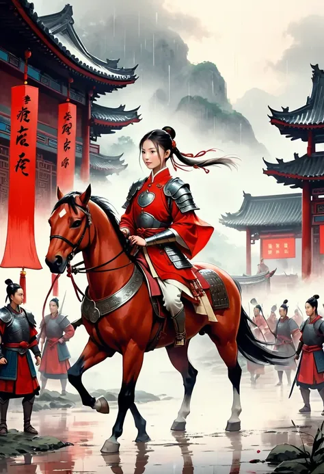 There is light rain under the sky, with elegant colors.A young ancient Chinese girl, with her hair tied up high, dressed in red and ancient armor, leading a horse， the background is the lively fair,the big scene, the big scene,Atmospheric , in style of fai...