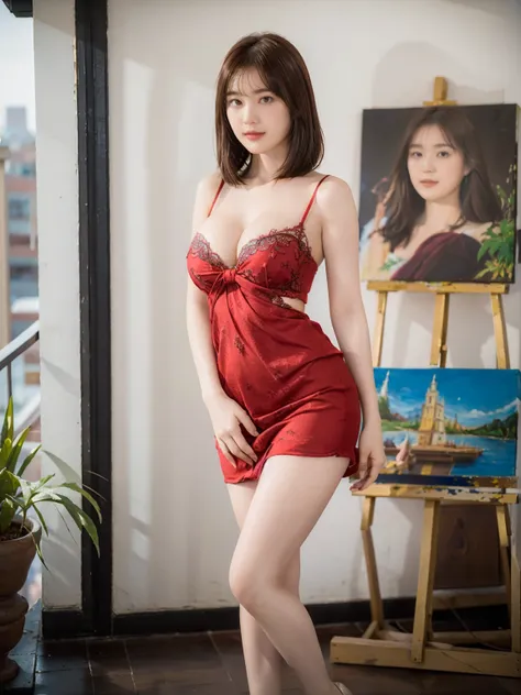 (( in a front a painting, terrace, buy hairstyle, standing, red sexy dress, closeup shot, cleavage, high heels good hands, thigh...