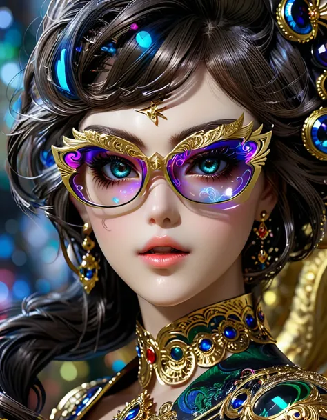 fille bayonetta ,porte des lunettes allongées de forme complexe très détaillé et pointue, lunette de forme complexes fractales