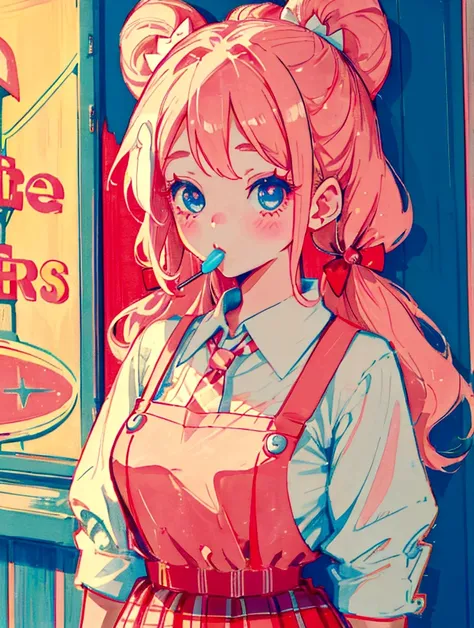 A cute girl，Anime art style，Half-length close-up of big eyes with long eyelashes，Hair tied at the back，A big bow adorns a red and white box，She eats a lollipop in a retro dessert shop with a vintage neon sign，Surrounded by colorful desserts poster。She has ...