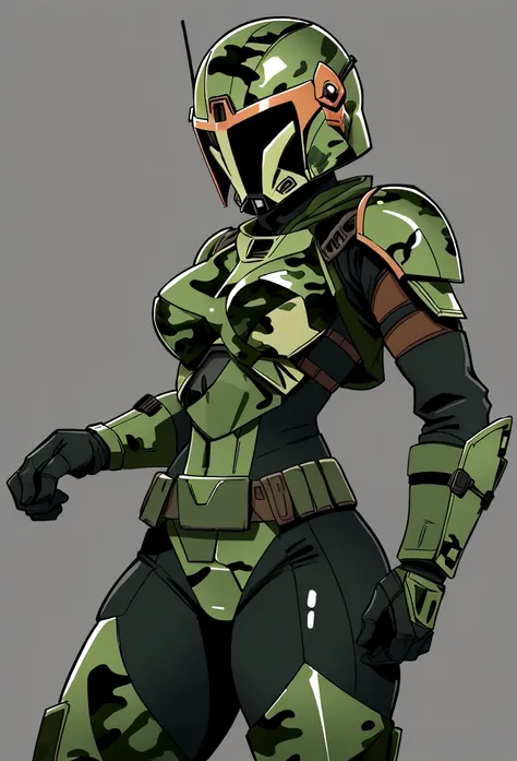 female Mandalorian, woman, Mandalorian, Mandalorian helmet, reinforced helmet, Mandalorian armor, dynamic pose, action pose, camo, camouflage, camo armor