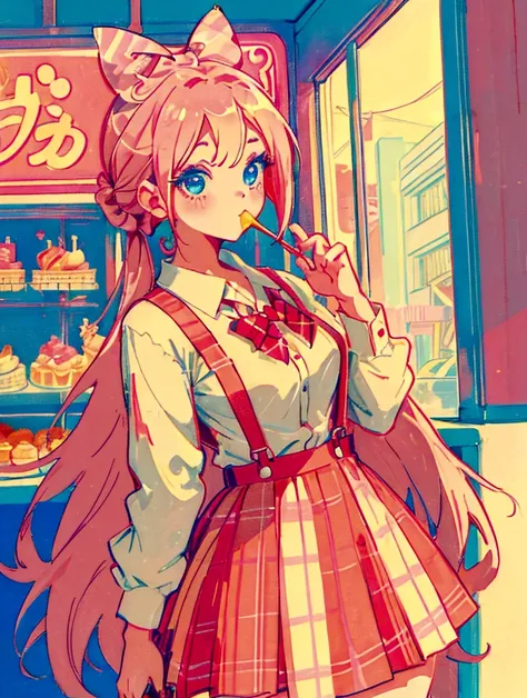 A cute girl，Anime art style，Head close-up，Big eyes with long eyelashes，Hair tied at the back，A big bow adorns a red and white box，She eats a lollipop in a retro dessert shop with a vintage neon sign，Surrounded by colorful desserts poster。She has blue eyes ...