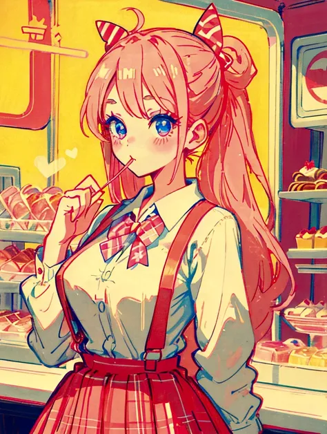 A cute girl，Anime art style，Head close-up，Big eyes with long eyelashes，Hair tied at the back，A big bow adorns a red and white box，She eats a lollipop in a retro dessert shop with a vintage neon sign，Surrounded by colorful desserts poster。She has blue eyes ...