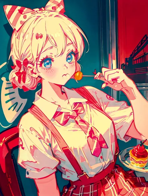 A cute girl，Anime art style，Head close-up，Big eyes with long eyelashes，Hair tied at the back，A big bow adorns a red and white box，She eats a lollipop in a retro dessert shop with a vintage neon sign，Surrounded by colorful desserts poster。She has blue eyes ...