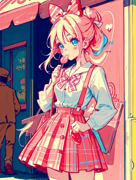 A cute girl，Anime art style，Head close-up，Big eyes with long eyelashes，Hair tied at the back，A big bow adorns a red and white box，She eats a lollipop in a retro dessert shop with a vintage neon sign，Surrounded by colorful desserts poster。She has blue eyes ...