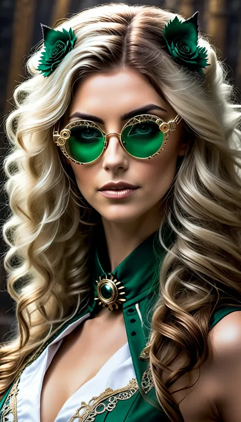 Un portrait hyperréaliste d’une sublime femme heureuse aux longs cheveux vert sombre foncé, portant une robe en dentelle blanche avec des accessoires steampunk, (elle porte des lunettes formées déléments mécanique de style steampunk, ((lunettes de forme fr...