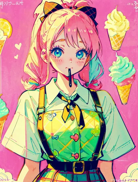 A cute girl，Anime art style，Head close-up，Big eyes with long eyelashes，Hair tied at the back，The big bow is decorated with colorful plaid，She eats ice cream in a retro dessert shop with a vintage neon sign，Surrounded by colorful desserts poster。She has blu...