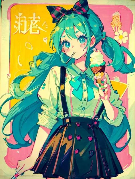 A cute girl，Anime art style，Head close-up，Big eyes with long eyelashes，Hair tied at the back，The big bow is decorated with colorful plaid，She eats ice cream in a retro dessert shop with a vintage neon sign，Surrounded by colorful desserts poster。She has blu...