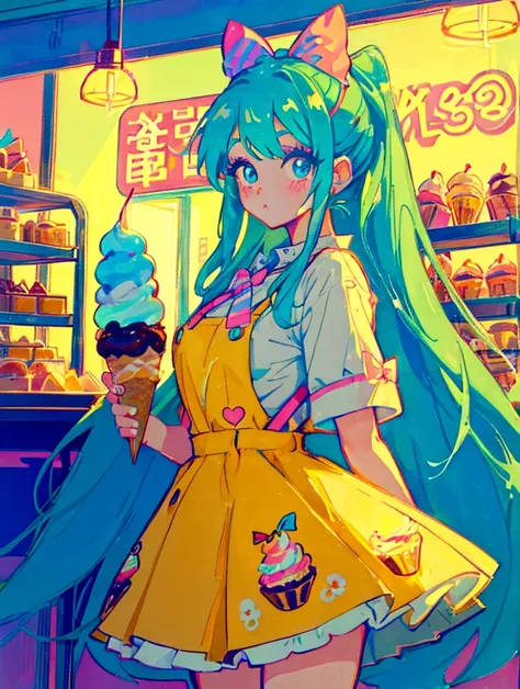 A cute girl，Anime art style，Head close-up，Big eyes with long eyelashes，Hair tied at the back，The big bow is decorated with colorful plaid，She&#39;s in a retro dessert shop with a vintage neon sign，Holding ice cream，Surrounded by colorful desserts poster。Sh...