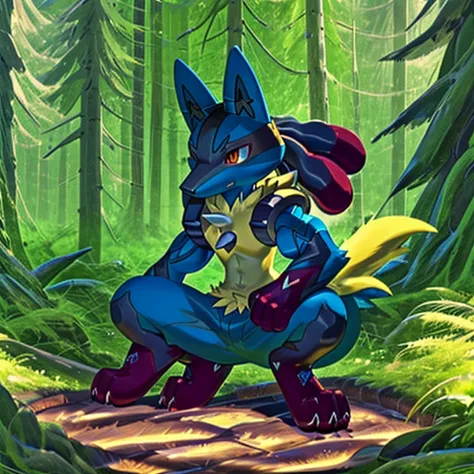 solo, kemono, (mega lucario), red and yellow fur, anthro, male, tail, muscles, handsome, heroic, outdoors, outside, toe claws, e...