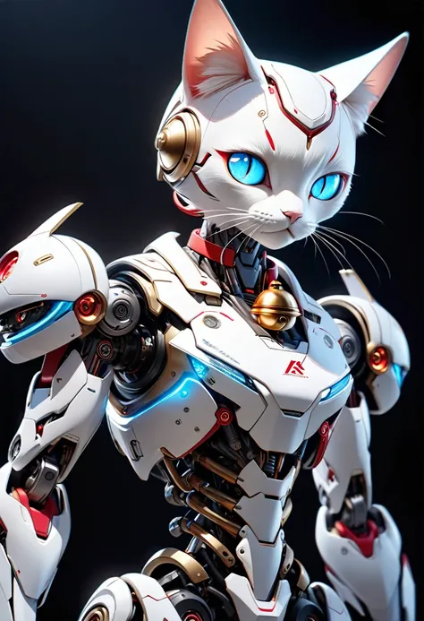 Ultra-high definition 3D CG concept art.Highly detailed portrait of a realistic robot cat,The robots head is round and has no ears.  stylish two-eyed face that glows red.The body is slim and stylish, (pocket on the abdomen for storing weapons1.2), ( stylis...