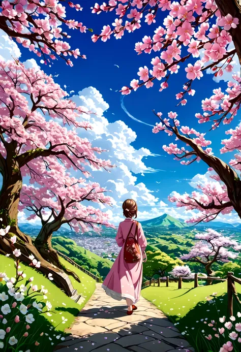 a girl with a boy , beautiful colours, trees , cherry blossom , high quality image, full details, nice colour, master peace, bri...