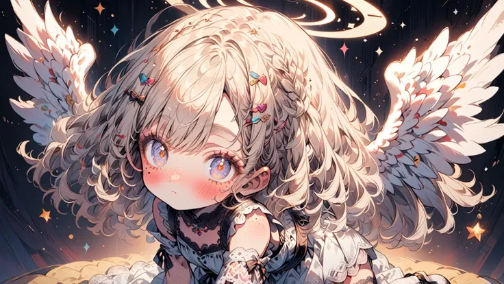 1girl, glowing halo above head, shoulder length short white blonde hair, angel wings, star eyes, skin texture, freckles, blush, ...