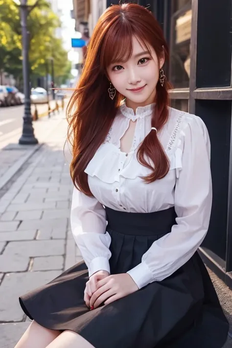 Top quality, 1 beautiful woman, Long Hair, red hair, Lower ponytail, frill skirt, shy-smile, Sunlight, at street, Blouse, Moonlight, Cowboy Shot, sitting,cafe, photo realistic, realistic shadow, an extremely delicate and beautiful, high quality skin, promp...