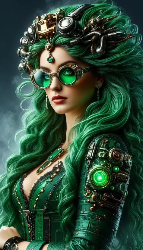 un portrait hyperréaliste d’une sublime femme heureuse aux longs cheveux vert sombre foncé, portant une robe en dentelle blanche...