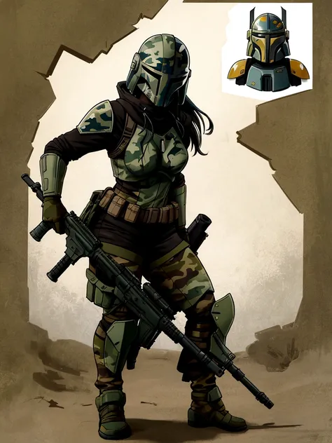 Mandalorian female, Mandalorian girl, Mandalorian helmet, reinforced helmet, shorts, action pose, camo, camouflage, camo armor, firearm, weapon, rifle