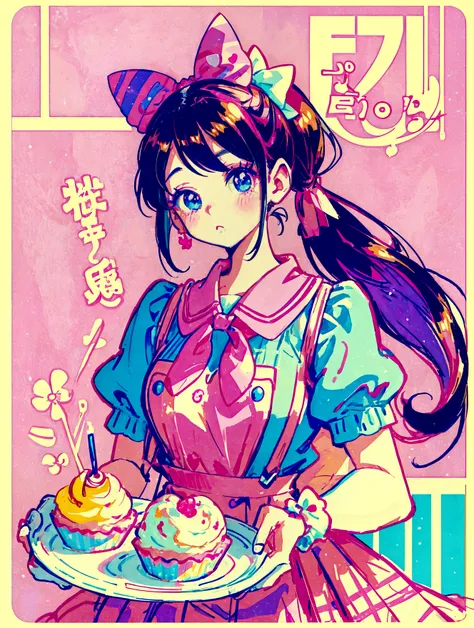 A cute girl，Anime art style，Close-up of face，Big eyes with long eyelashes，Double ponytail hairstyle，The big bow is decorated with colorful plaid，Extra large colorful lollipop，She&#39;s in a retro dessert shop with a vintage neon sign，Surrounded by colorful...