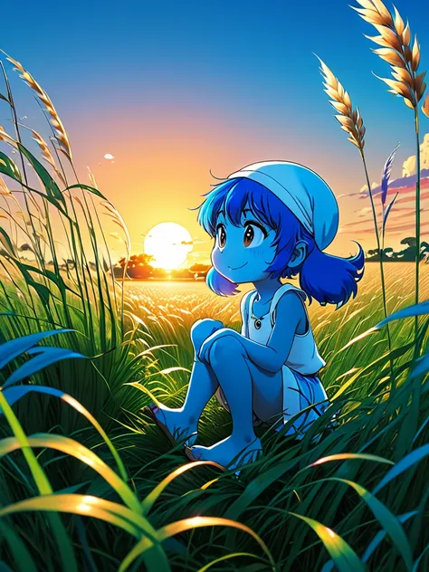 anime landscape of A pearl smurfs blue classic RUF SCR sits in a field of tall grass with a sunset in the background.beautiful anime scene, beautiful anime peace scene, Makoto Shinkai Cyril Rolando, beautiful anime scene, amazing wallpaper, anime art wallp...