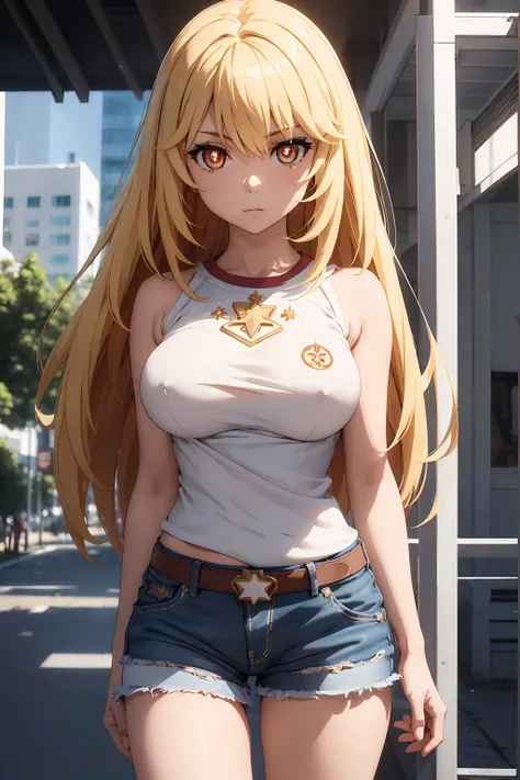 NSFW Highest quality, (masterpiece:1.2),{{Shirt lift}}　{{{{{topless}}}}＋＋,misaki shokuhou　 blonde, 　Shorts, White knee socks, Destroy Outdoor, city, null, sun, cloud, 壊す looking at viewer, (Cowboy Shot:1.5), Breaking long hair, (Symbol-shaped pupil:1.5)＋＋,...