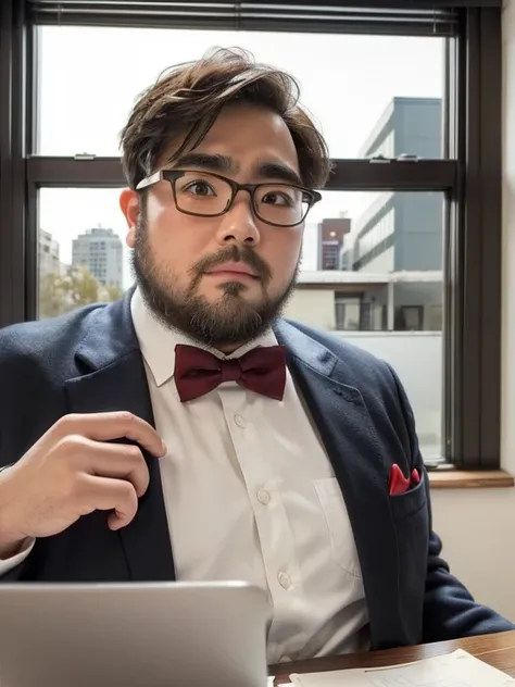 (yossan), glasses, beard, (black-rimmed glasses), brown eyes, fat, 1 boy, (red bowtie), (blue jacket), (white shirt), blue short...