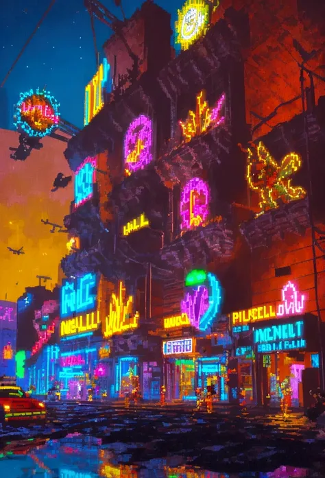 pixel art, ultra-detailed,vivid colors,sunset lighting,masterpiece:1.2,medium,detailed pixelated characters,dynamic backgrounds,colorful landscapes,retro gaming,80s vibes,lively cityscape,varied architectural styles,neon signs,reflection effects,flawless p...