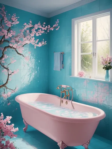 there is a bathtub with pink flowers in a blue tiled bathroom, a photorealistic painting by Anna Haifisch, tumblr, romanticism, pink water in a large bath, dreamy aesthetic, fantasy aesthetic!, very magical and dreamy, beautiful and aesthetic, beautiful ae...