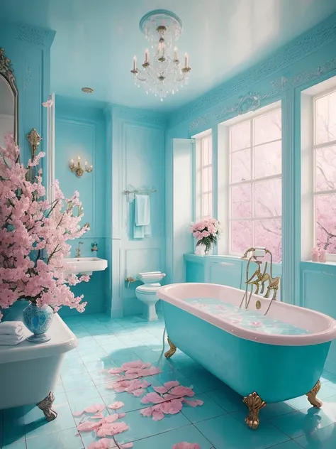 there is a bathtub with pink flowers in a blue tiled bathroom, a photorealistic painting by Anna Haifisch, tumblr, romanticism, pink water in a large bath, dreamy aesthetic, fantasy aesthetic!, very magical and dreamy, beautiful and aesthetic, beautiful ae...